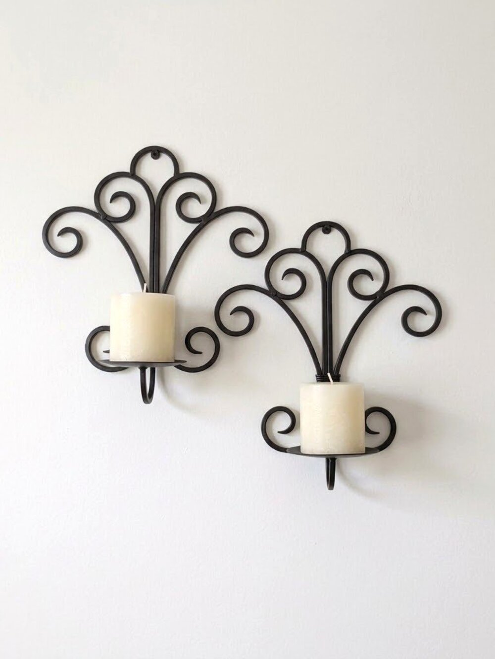 Pair of Vintage Wrought Iron Pillar Candle Holders Wall Sconces Farmhouse Decor